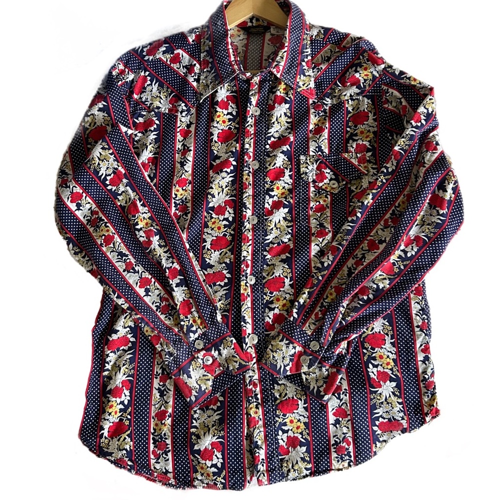 Vintage 1970’s Towncraft Designer JCPenney Floral Striped Button Down Shirt XL